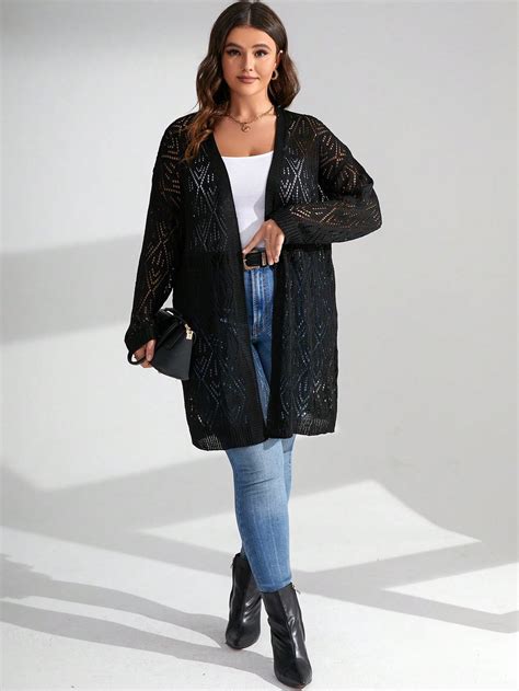 Shein Frenchy Plus Size Solid Pointelle Knit Cardigan Shein