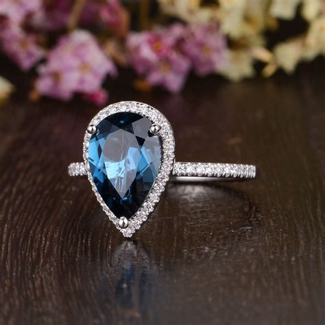 Pear Shaped London Blue Topaz Engagement Ring White Gold Etsy