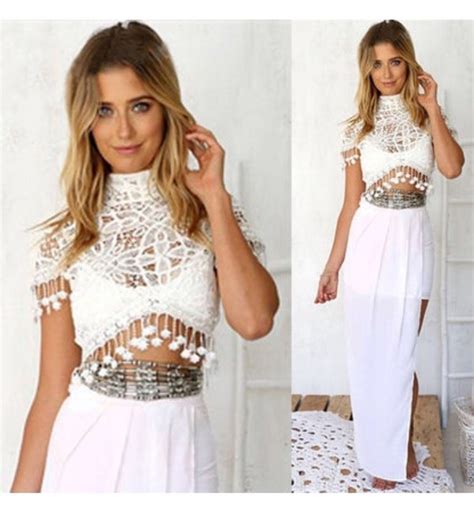 Bohemian White Lace Crop Top And Maxi Skirt Set