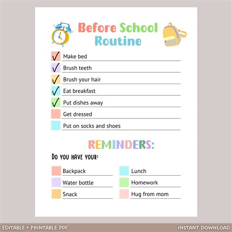 Printable Before School Checklist Morning Reminders For Kids Editable