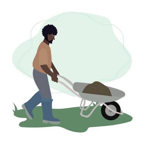 Man Rolls A Wheelbarrow With Soil Male Working In Garden Illustartion