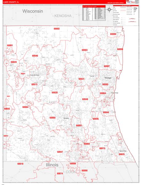 Lake County Il Zip Code Wall Map Red Line Style By Marketmaps Mapsales