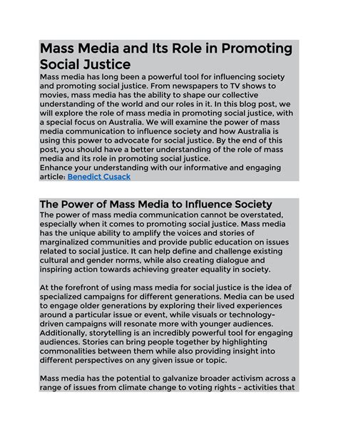 Mass Media And Its Role In Promoting Social Justice By Benedict Cusack Issuu