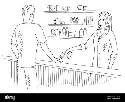 Vendor Selling Medicine To Customer Pharmacy Interior Graphic Store