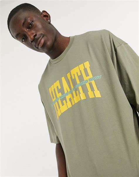 Asos Design Oversized T Shirt In Khaki With Health Print Green Estampas