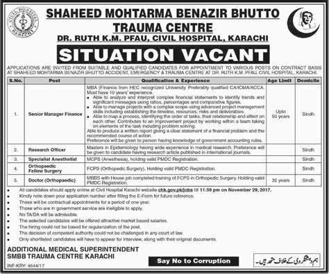 Shaheed Mohtarma Benazir Bhutto Trauma Center Smbbtc Jobs Job