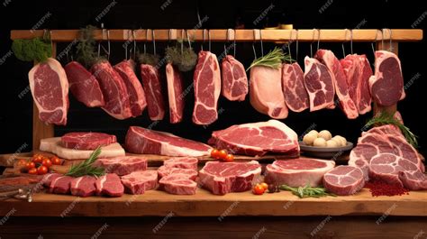 Premium AI Image | Meat cuts selection displayed in wooden ray at a ...