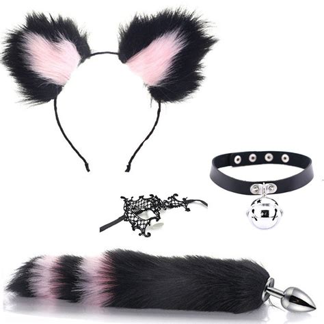 4pcs Black Pink Tail Stainless Steel Cat Ears Headband Chain