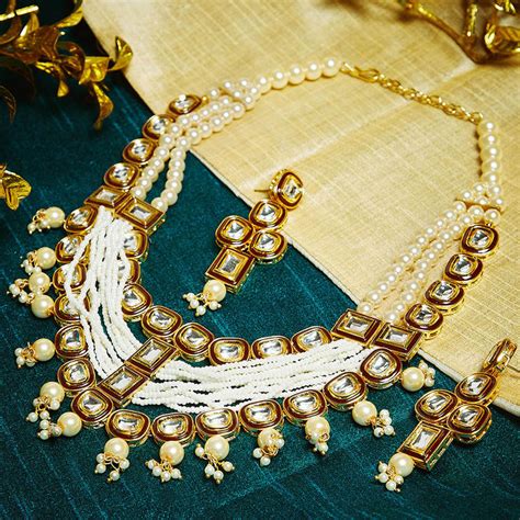 PANASH Gold Toned White Gold Plated Kundan Pearl Studded Handcrafted