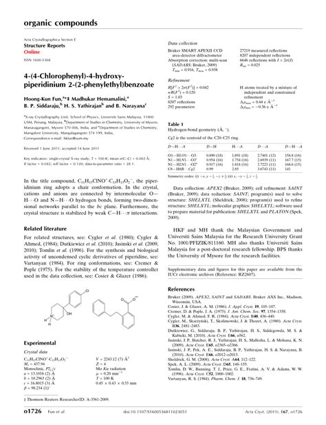 PDF 4 4 Chloro Phen Yl 4 Hy Droxy Piperidinium 2 2 Phenyl Eth Yl