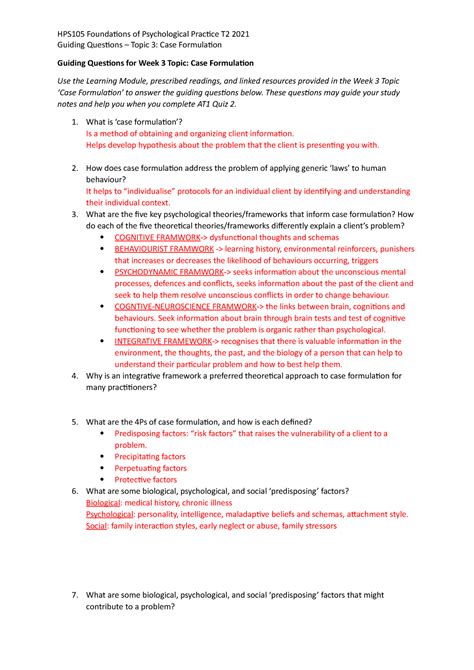 Guiding Questions For Week 3 Topic Case Formulation Hps105 Foundations Of Psychological