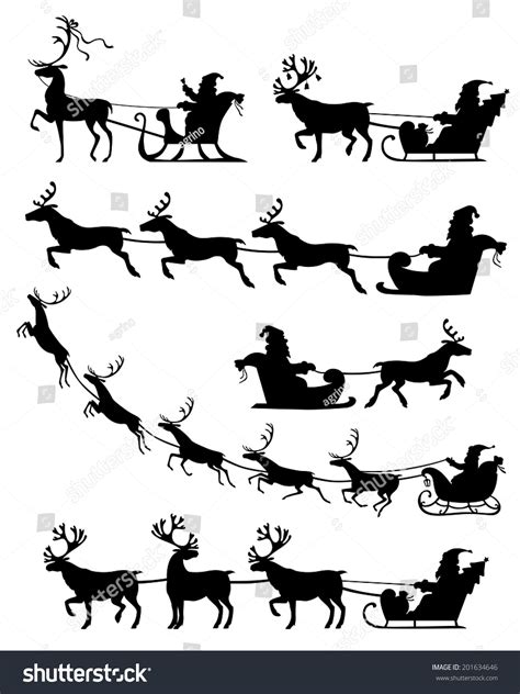 Set Of Silhouette Image Of Santa Claus Riding A Sleigh With Reindeer Stock Vector Illustration