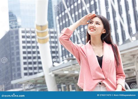 Happy Smiling Business Woman Standing Outdoor Looking High Not Fear Hot