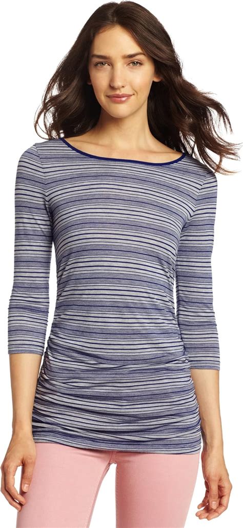 Three Dots Women S Shirred Sleeve British Stripe Tee At Amazon