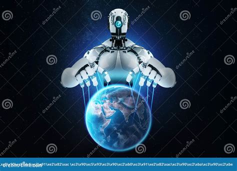 A Cyborg Robot Stretches Its Arms Over Planet Earth Controlling It