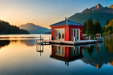 Premium AI Image | A red house with a dock and a lake in the background