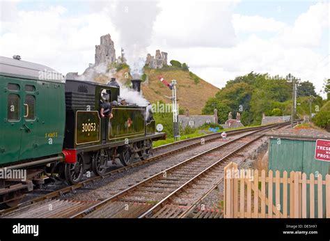 Steam Train On Swanage Railway Waiting At Corfe Castle Station Dorset