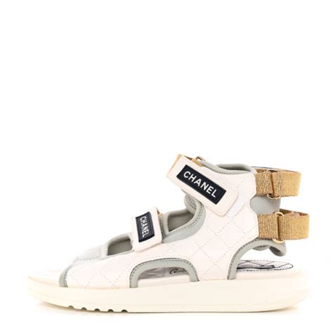 Chanel Goatskin Fabric Tpu Gladiator Sandals 37 White Light Grey Navy