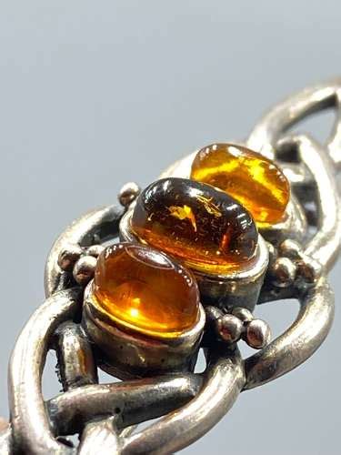 Antique Scottish Celtic Knot Sterling Silver Baltic Amber Brooch