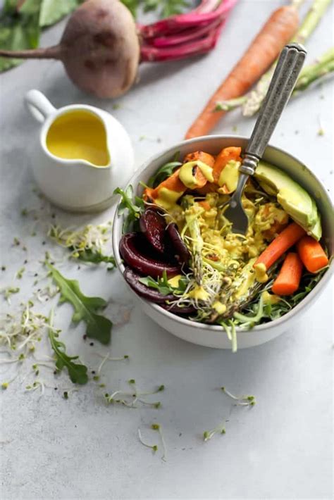 Roasted Veggie Spring Power Bowl With Turmeric Tahini Dressing • Fit