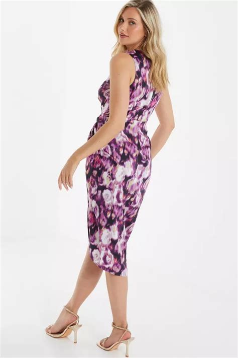 Purple Floral Print Ruched Midi Dress Quiz Clothing