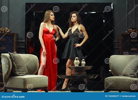 Two Beautiful Young Girls In Evening Dresses Stock Image Image Of Dress Full 163430471