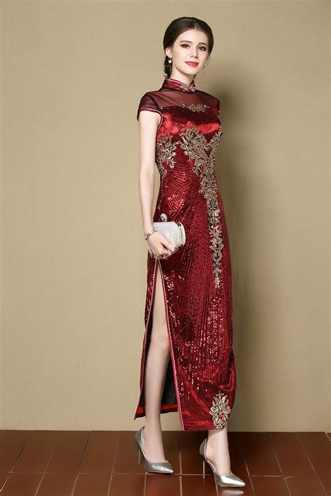 Marvelous Beaded Long Qipao Cheongsam Dress Red Qipao Cheongsam