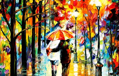 Wallpaper autumn, lights, Park, rain, picture, umbrella, pair, lantern, lovers, alley, Leonid ...