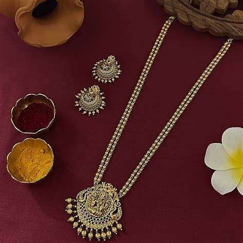 Bridal Matte Gold Tone Long Necklace Set With Lakshmi Pendant Sasitrends