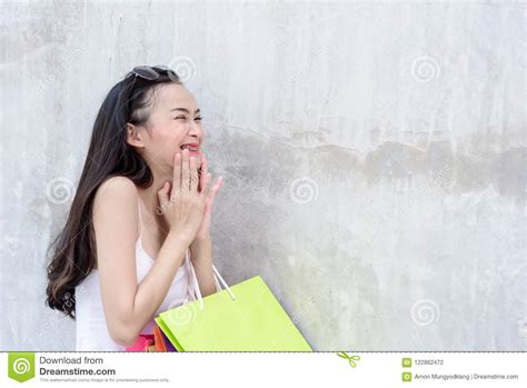 Asian Portrait Girl Has Happy And Smiling With Shopping Colorful Stock