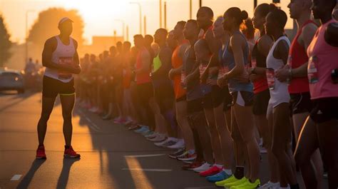 Premium AI Image | Marathon runners lined up at the start line at dawn