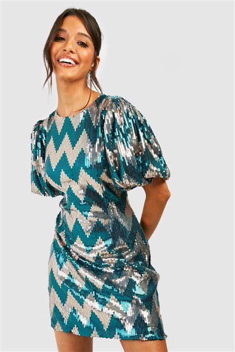 Sequin Zig Zag Puff Sleeve Shift Party Dress Boohoo Usa