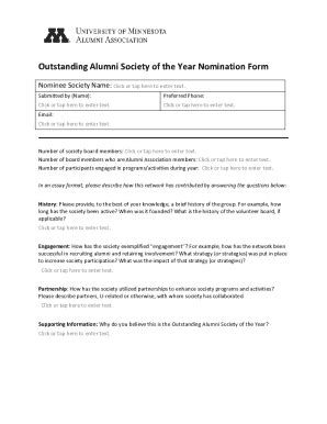 Fillable Online Outstanding Alumni Society Of The Year Nomination Form