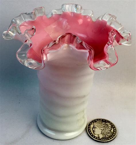 Lot Vintage Fenton Cranberry Opalescent Case Glass Ruffled Edge Vase