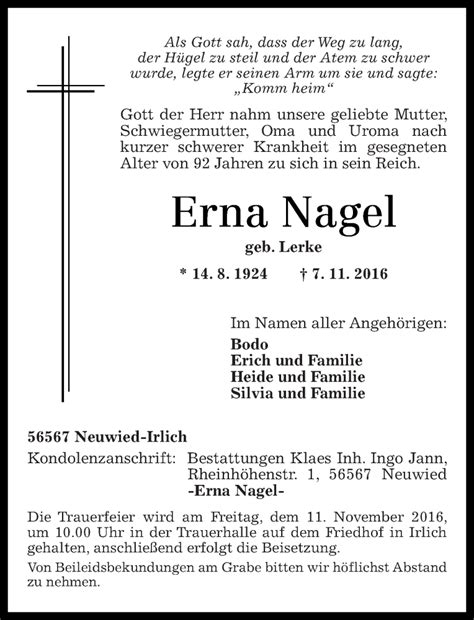 Traueranzeigen Von Erna Nagel Rz Trauer De