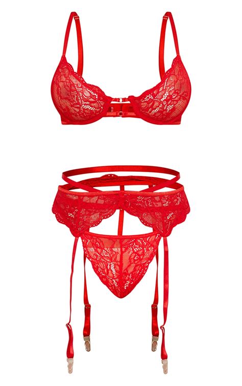 Red Delicate Underwired Strap 3 Piece Lingerie Set Prettylittlething Usa