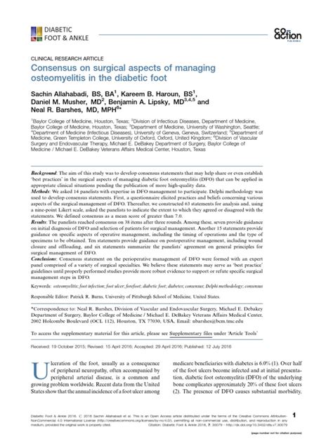 Consensus Statements On The Surgical Management Of Diabetic Foot