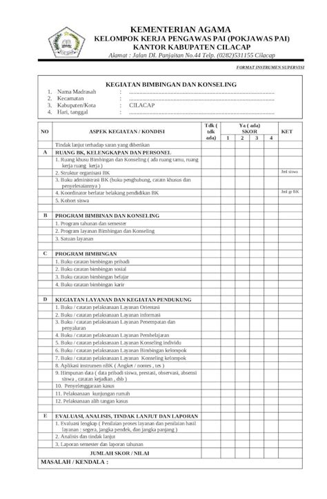 Doc Instrumen Supervisi Kegiatan Bimbingan Dan Konseling Dokumen Tips