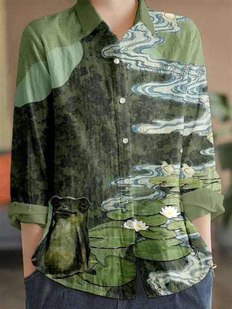 Comstylish Vintage Frog Waterlily Art Linen Blend Blouse