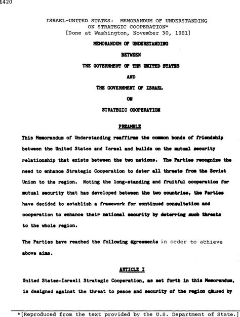 Israel United States Memorandum Of Understanding On Strategic