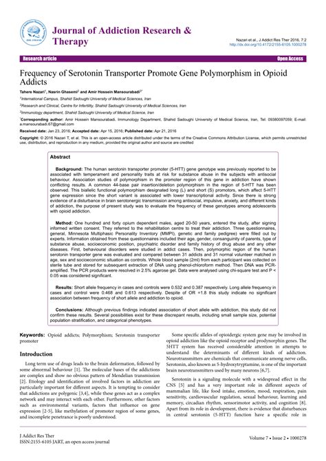 Pdf Frequency Of Serotonin Transporter Promote Gene Polymorphism In