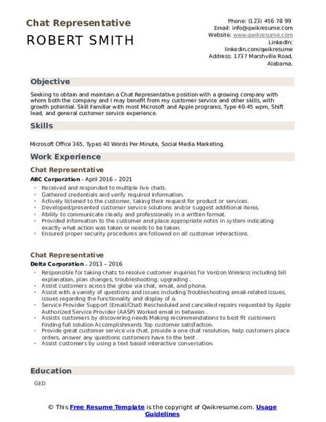 Chat Representative Resume Samples Qwikresume