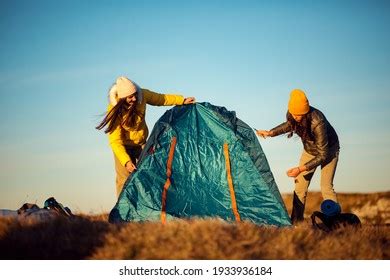 Two Women Setting Tent Outdoor Stock Photo Shutterstock