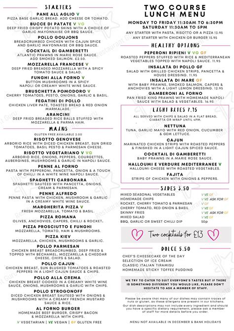 Menu at Al Forno Italian Restaurant, Darlington