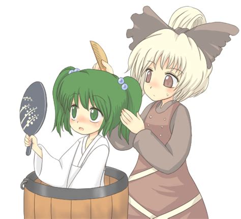 Safebooru Blonde Hair Blush Bow Bucket Collarbone Comb Fan Green Eyes Green Hair Hair Bobbles