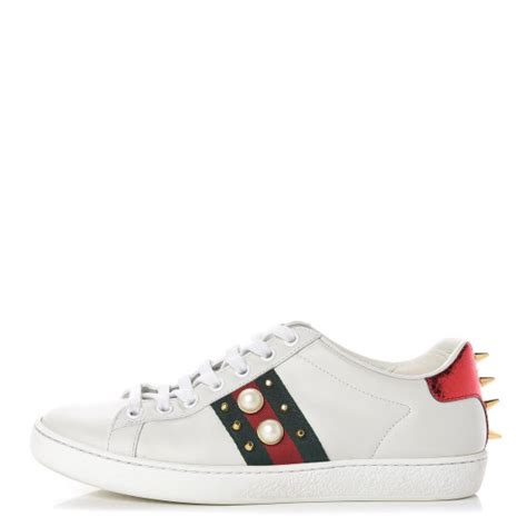 GUCCI Calfskin Web Pearl Studded Womens Ace Sneakers 36 5 White 439852