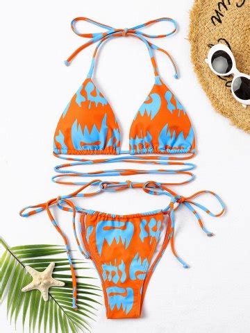 Emmiol Free Shipping Graphic Crisscross Bikini Swimsuit Orange S