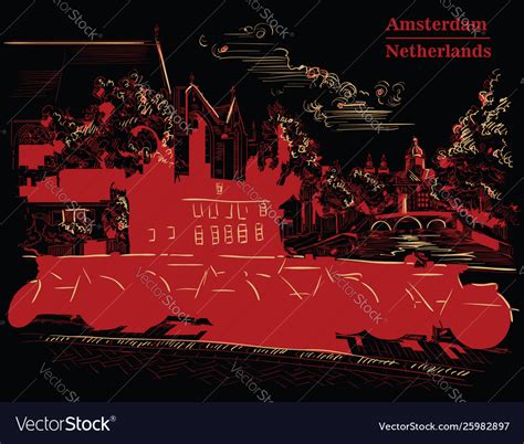 Bicycles on bridge in amsterdam black and red Vector Image