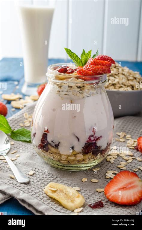 Domestic Strawberry Yogurt With Granola And Dried Fruit Combination Of