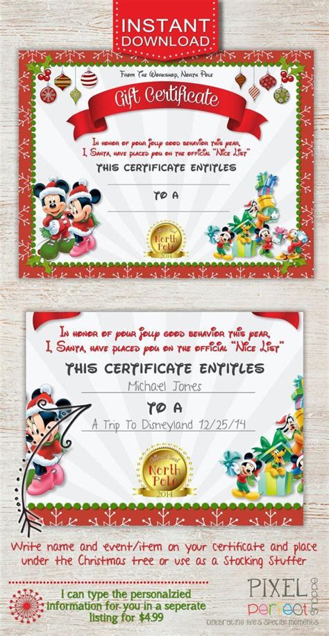 Christmas Gift Certificate Disney Trip Gift Certificate Christmas